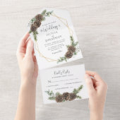 Elegant Script Winter Greenery Pine Cone Wedding オールインワン招待状 (貼ってはがせる)