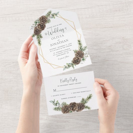 Elegant Script Winter Greenery Pine Cone Wedding オールインワン招待状 (貼ってはがせる)