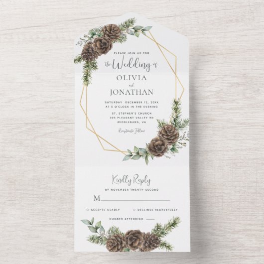 Elegant Script Winter Greenery Pine Cone Wedding オールインワン招待状 (内側)
