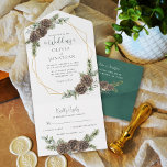 Elegant Script Winter Greenery Pine Cone Wedding オールインワン招待状<br><div class="desc">With modern trendy calligraphy script and a gold geometric frame decorated with winter watercolor greenery and pine cones and accented with snowberries, these winter- themed all-in-one wedding invitations with tearaway RSVP provide elegance and convenience in one romantic package. Find matching products in the collection, and feel free to message me...</div>