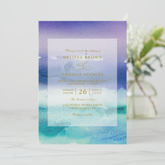 Elegant Sea Blue Purple Beach QR Code Wedding 招待状 (スタンド正面)