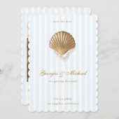 Elegant Seashell Gold & Blue Coastal Wedding セーブザデート (正面/裏面)