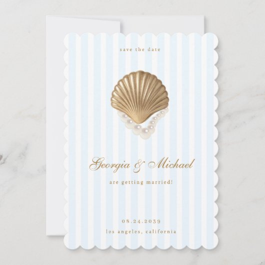 Elegant Seashell Gold & Blue Coastal Wedding セーブザデート (正面)