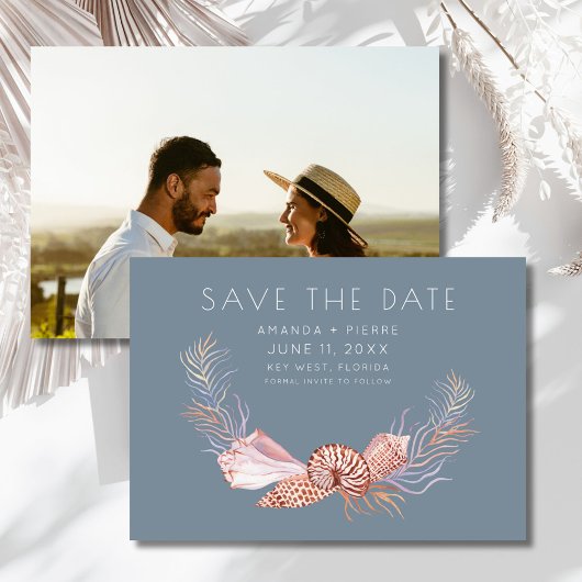 Elegant Seashell Photo Beach Wedding Save the Date セーブザデート