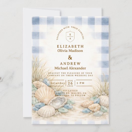 Elegant Seaside Shell Wedding 招待状 (正面)