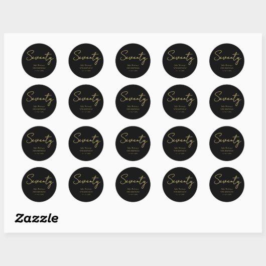 Elegant Seventy Birthday Sticker–Black Gold Script ラウンドシール (シート)