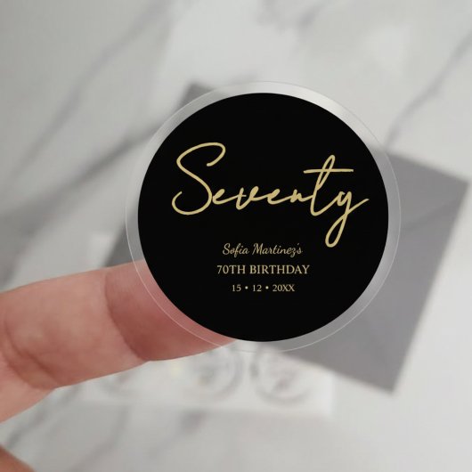 Elegant Seventy Birthday Sticker–Black Gold Script ラウンドシール