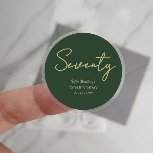 Elegant Seventy Birthday Sticker–Green Gold Script ラウンドシール