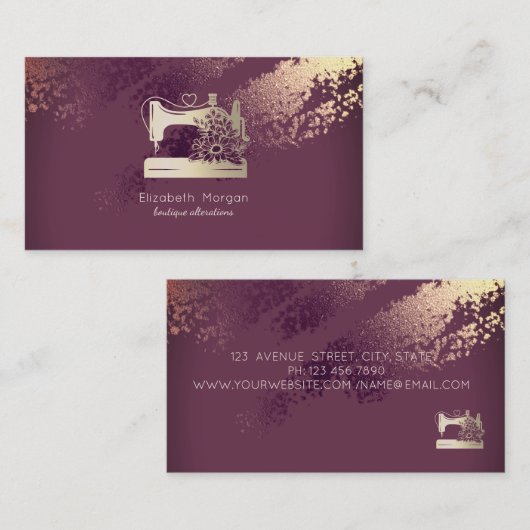 Elegant Sewing Machine Seamstress Burgundy 名刺 (正面/裏面)