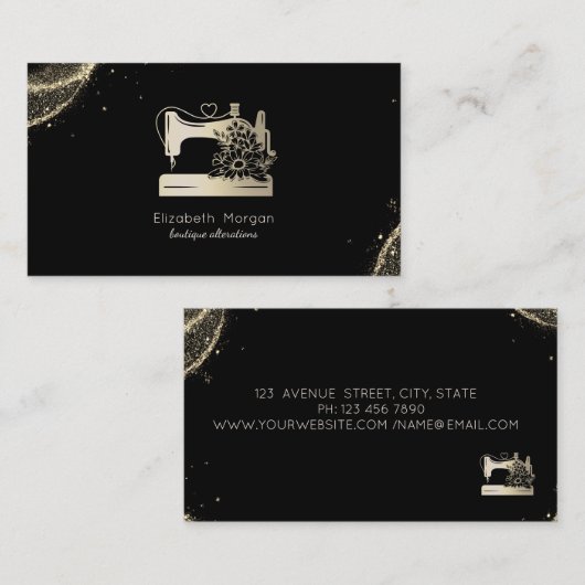 Elegant Sewing Machine Seamstress Gold Dust Black 名刺 (正面/裏面)