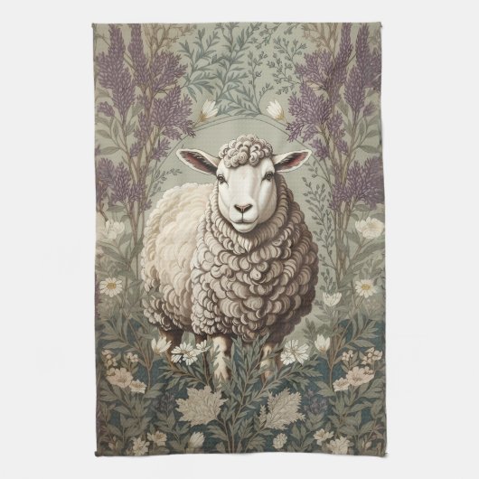 Elegant Sheep Lavender Flower Background キッチンタオル (縦)