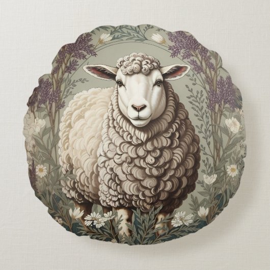 Elegant Sheep Lavender Flower Background ラウンドクッション (正面)