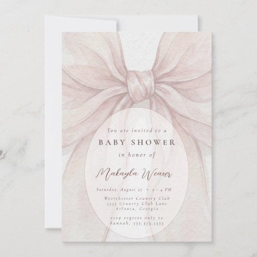 Elegant Sheer Pink Blush Bow Baby Shower 招待状 (正面)