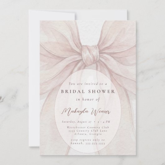 Elegant Sheer Pink Blush Bow Bridal Shower 招待状 (正面)