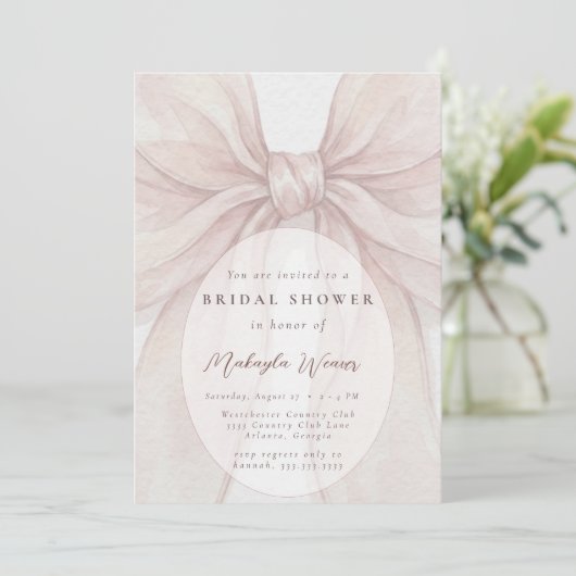Elegant Sheer Pink Blush Bow Bridal Shower 招待状 (スタンド正面)