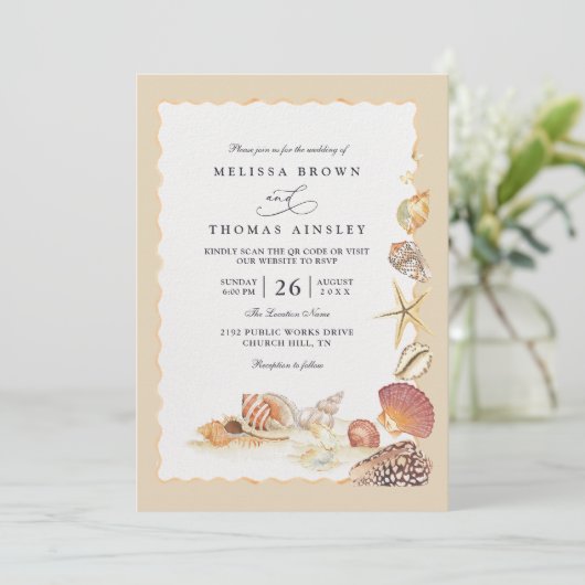 Elegant Shells Beach Sea Sand QR Code Wedding 招待状 (スタンド正面)
