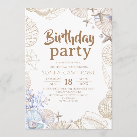 Elegant Shells Ocean Birthday Party 招待状 (正面)