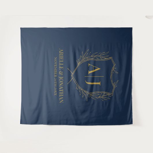 Elegant Shield monogram wedding blue gold backdrop タペストリー (正面(横))