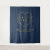 Elegant Shield monogram wedding blue gold backdrop タペストリー (正面)