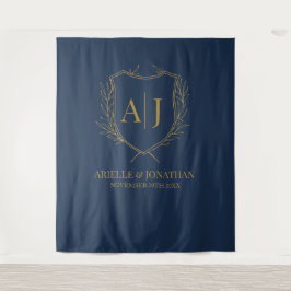 Elegant Shield monogram wedding blue gold backdrop タペストリー
