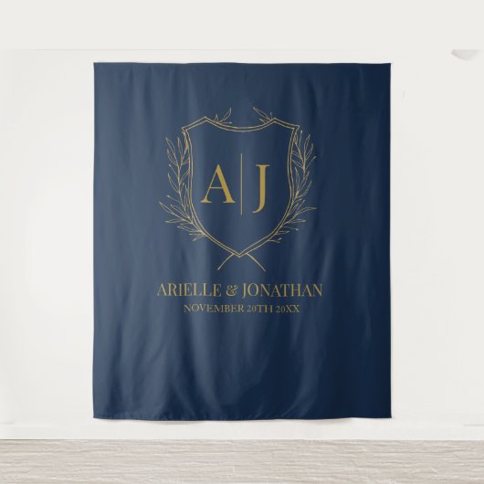 Elegant Shield monogram wedding blue gold backdrop タペストリー (正面)