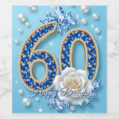 Elegant Shiny Blue and Pearl Jewels 60th Birthday ワインラベル (シングルラベル)
