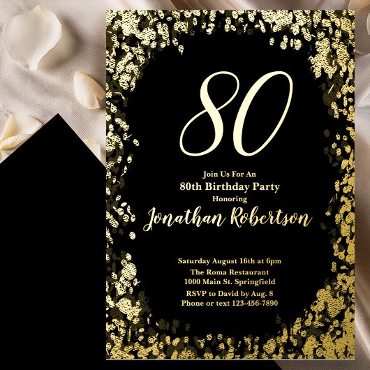Elegant Shiny Gold Foil 80th Birthday Invitation 箔招待状