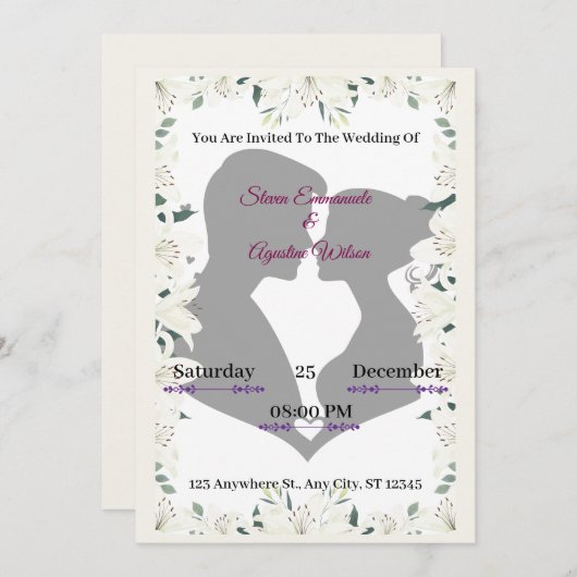 Elegant Silhouette Wedding Invitation with Floral  招待状 (正面/裏面)