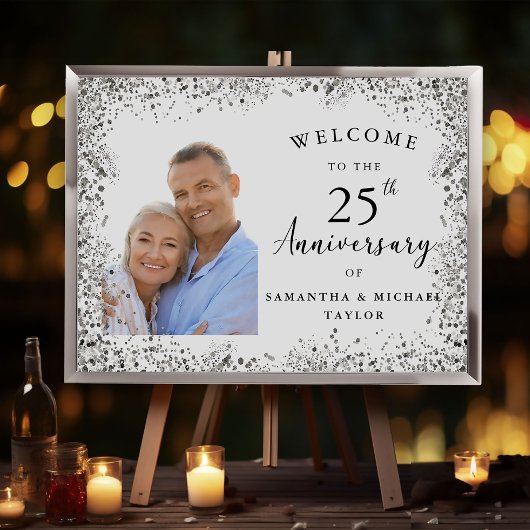 Elegant Silver 25th Wedding Anniversary Welcome ポスター
