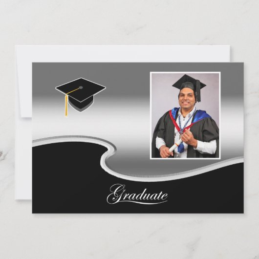 Elegant Silver and Black Grad Party invitation 案内状 (正面)