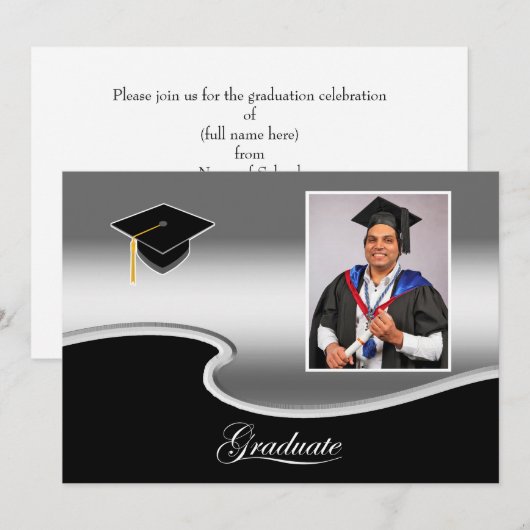 Elegant Silver and Black Grad Party invitation 案内状 (正面/裏面)