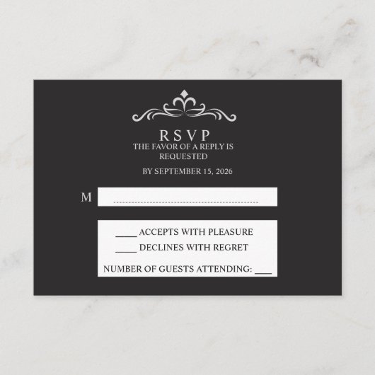Elegant Silver and Black Horizontal Wedding RSVP (正面)