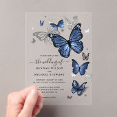 Elegant Silver and Navy Blue Butterfly Wedding アクリル招待状 (インサイチュ (ポータブル))