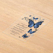 Elegant Silver and Navy Blue Butterfly Wedding アクリル招待状 (レイダウン)