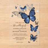Elegant Silver and Navy Blue Butterfly Wedding アクリル招待状 (正面)