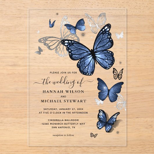 Elegant Silver and Navy Blue Butterfly Wedding アクリル招待状 (正面)