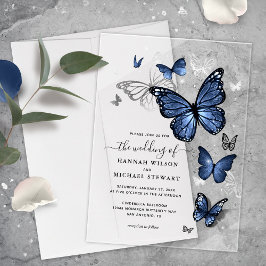 Elegant Silver and Navy Blue Butterfly Wedding アクリル招待状