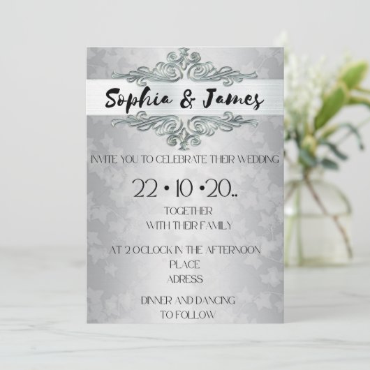 Elegant Silver Baroque Wedding Invitation – Custom 招待状 (スタンド正面)