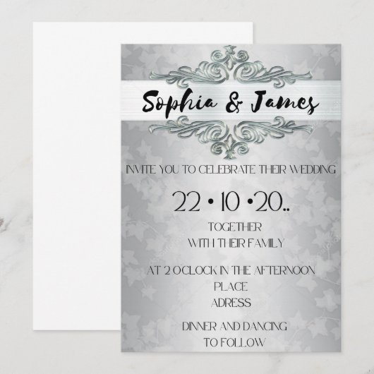 Elegant Silver Baroque Wedding Invitation – Custom 招待状 (正面/裏面)
