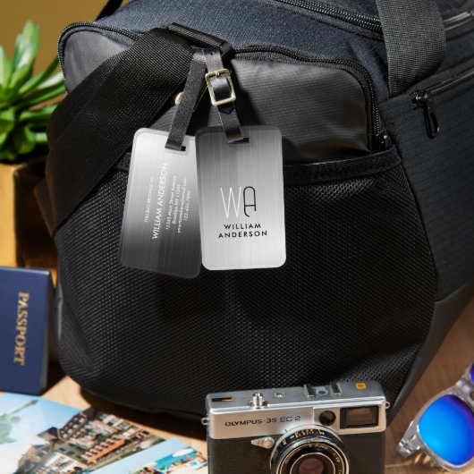 Elegant Silver & Black Metallic Brushed Monogram ラゲッジタグ (正面&裏面)