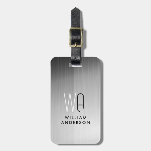 Elegant Silver & Black Metallic Brushed Monogram ラゲッジタグ (正面縦)
