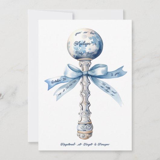 Elegant Silver Blue Rattle Bow Baby Shower 招待状 (正面)