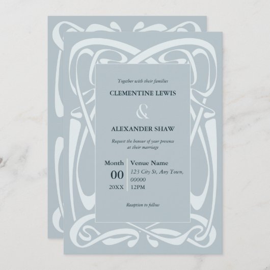 Elegant Silver Blue Vintage Ribbon 招待状 (正面/裏面)