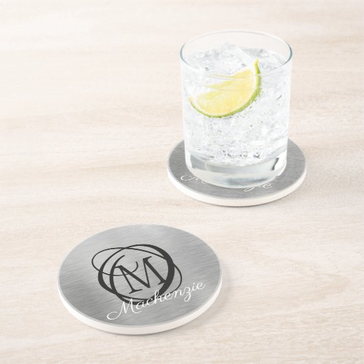 Elegant Silver Brushed Metal Monogram Name Stylish コースター (側面)