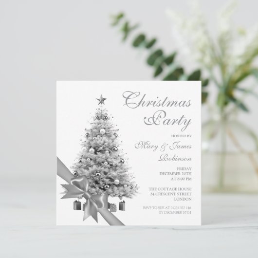 Elegant Silver Christmas Tree & Bow Holiday Party  招待状 (スタンド正面)