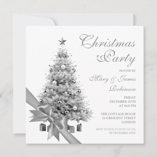 Elegant Silver Christmas Tree & Bow Holiday Party  招待状 (正面)