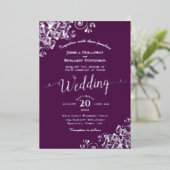 Elegant Silver Curls on Plum Purple Wedding 箔招待状 (立ち正面)