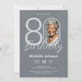 Elegant Silver Custom Photo 80th Birthday 招待状 (正面)