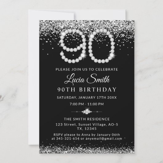 Elegant Silver Diamonds 90th Birthday Party 招待状 (正面)