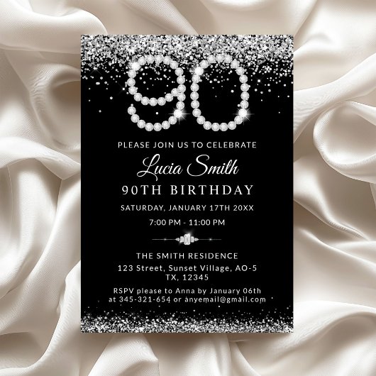Elegant Silver Diamonds 90th Birthday Party 招待状